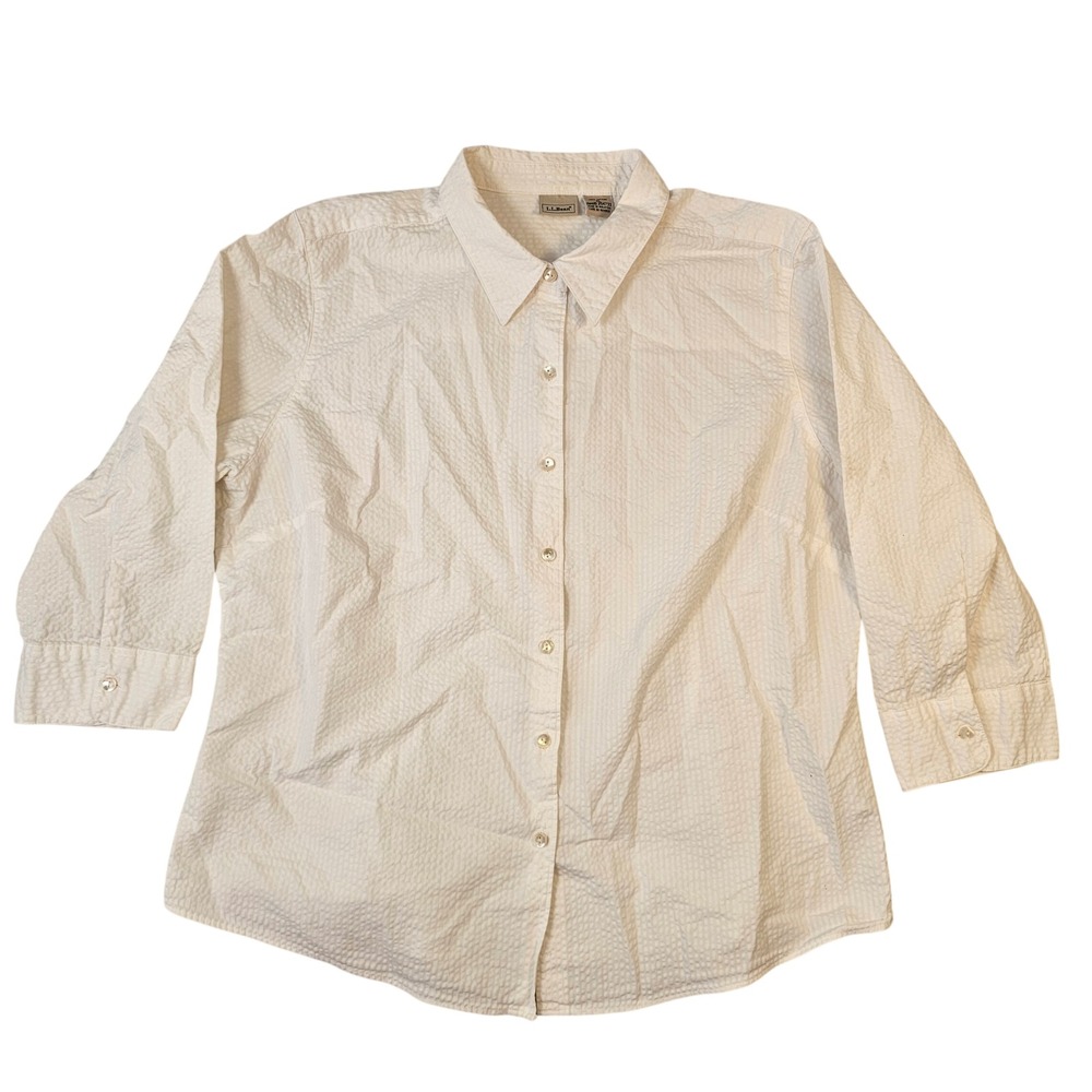LL Bean Womens XL White Seersucker 3/4 Sleeve Button Down Shirt 254733